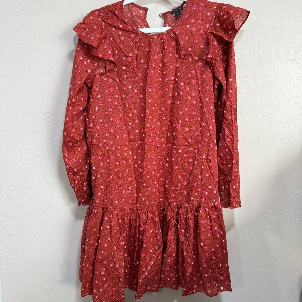 Ann Taylor Floral Ruffle Trim Shift Dress In Wild Hibiscus Size small